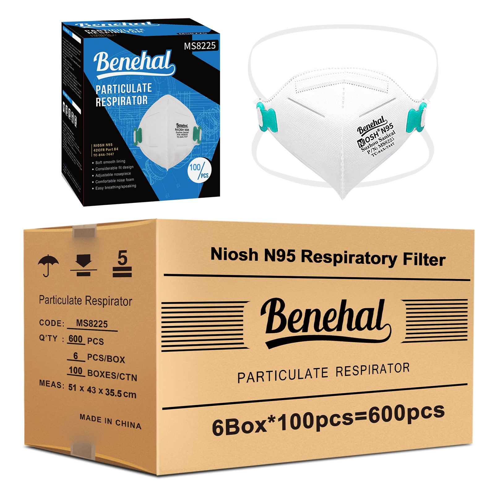 600 pcs N95 Face Masks, NIOSH Approved N95 Mask Particulate Respirators, Individually Wrapped, White(100pcs/box)