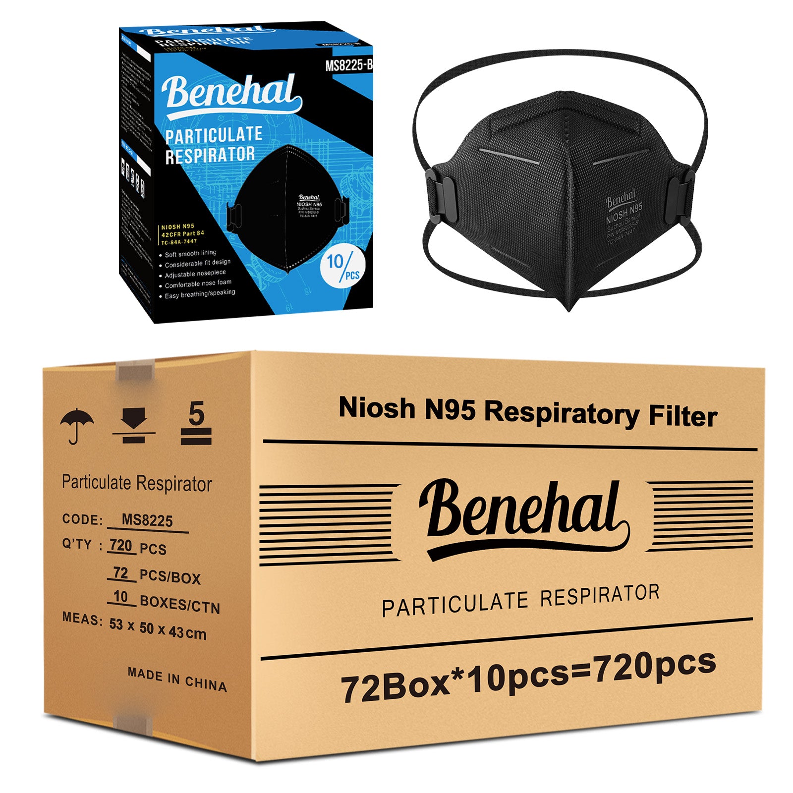 720 pcs N95 Face MasksNIOSH Approved N95 Mask Particulate Respirators, Individually Wrapped, Black（10pcs/box）