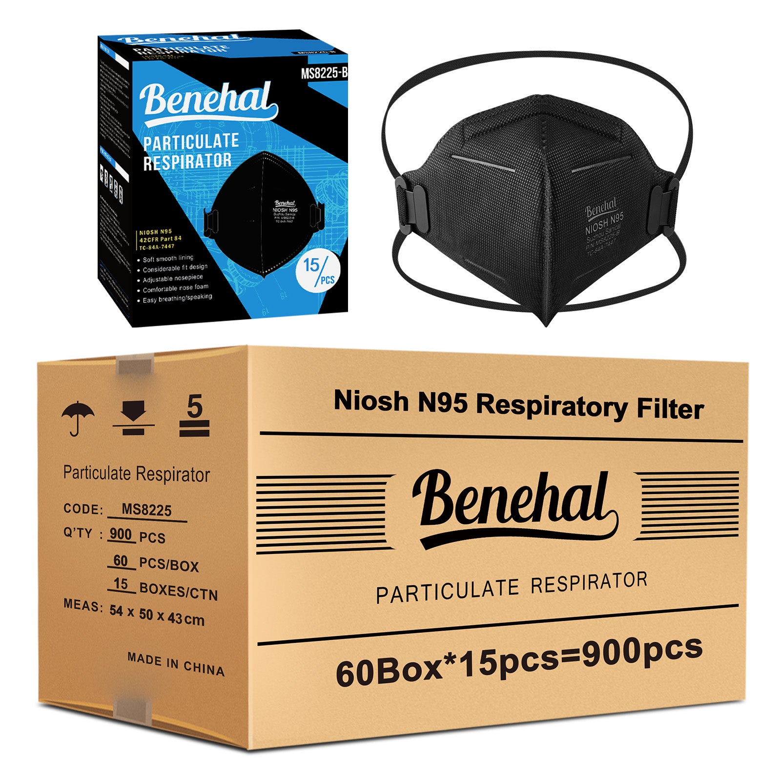 900pcs N95 Face MasksNIOSH Approved N95 Mask Particulate Respirators, Individually Wrapped,Black（15pcs/box）