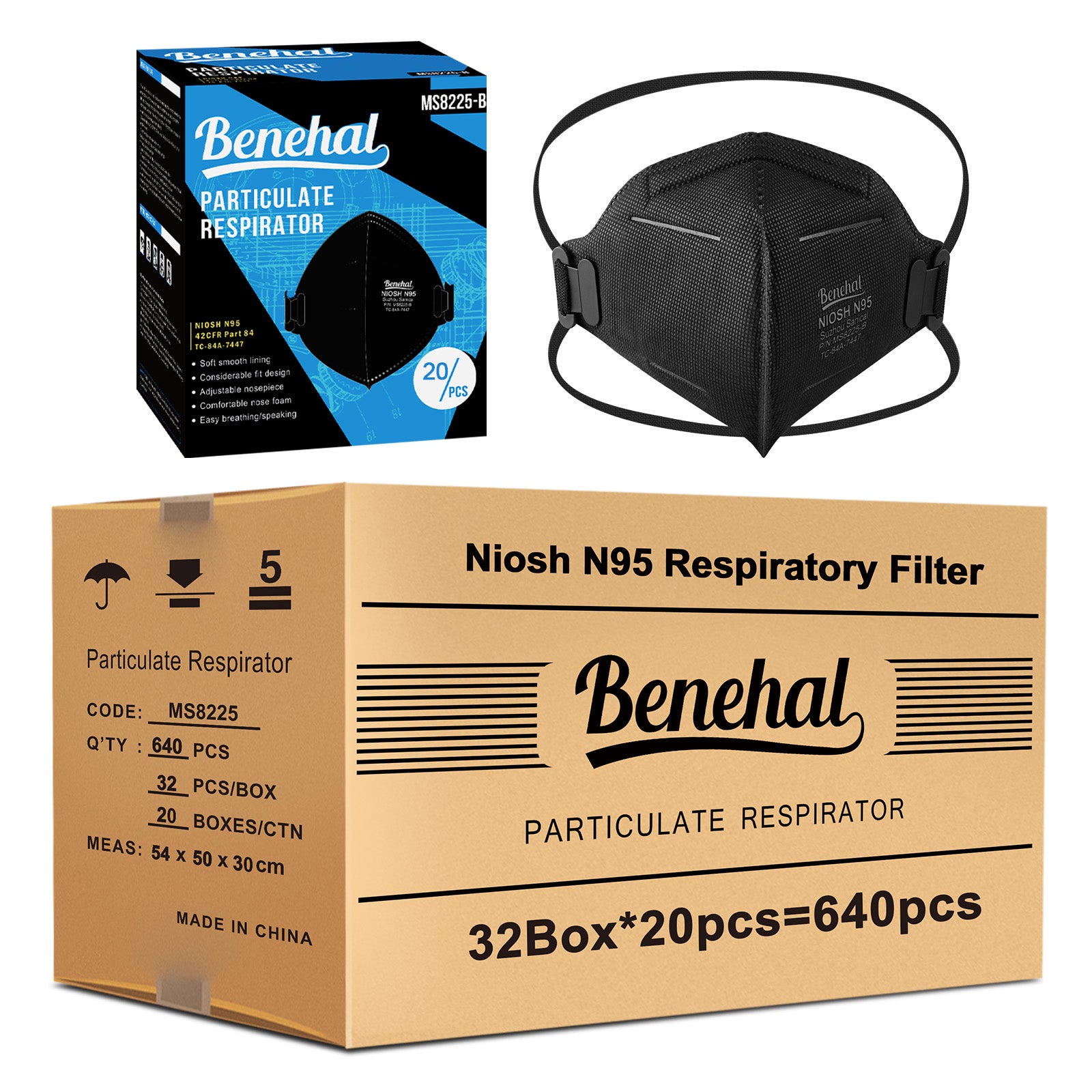 640pcs N95 Face MasksNIOSH Approved N95 Mask Particulate Respirators, Individually Wrapped,Black（20pcs/box）