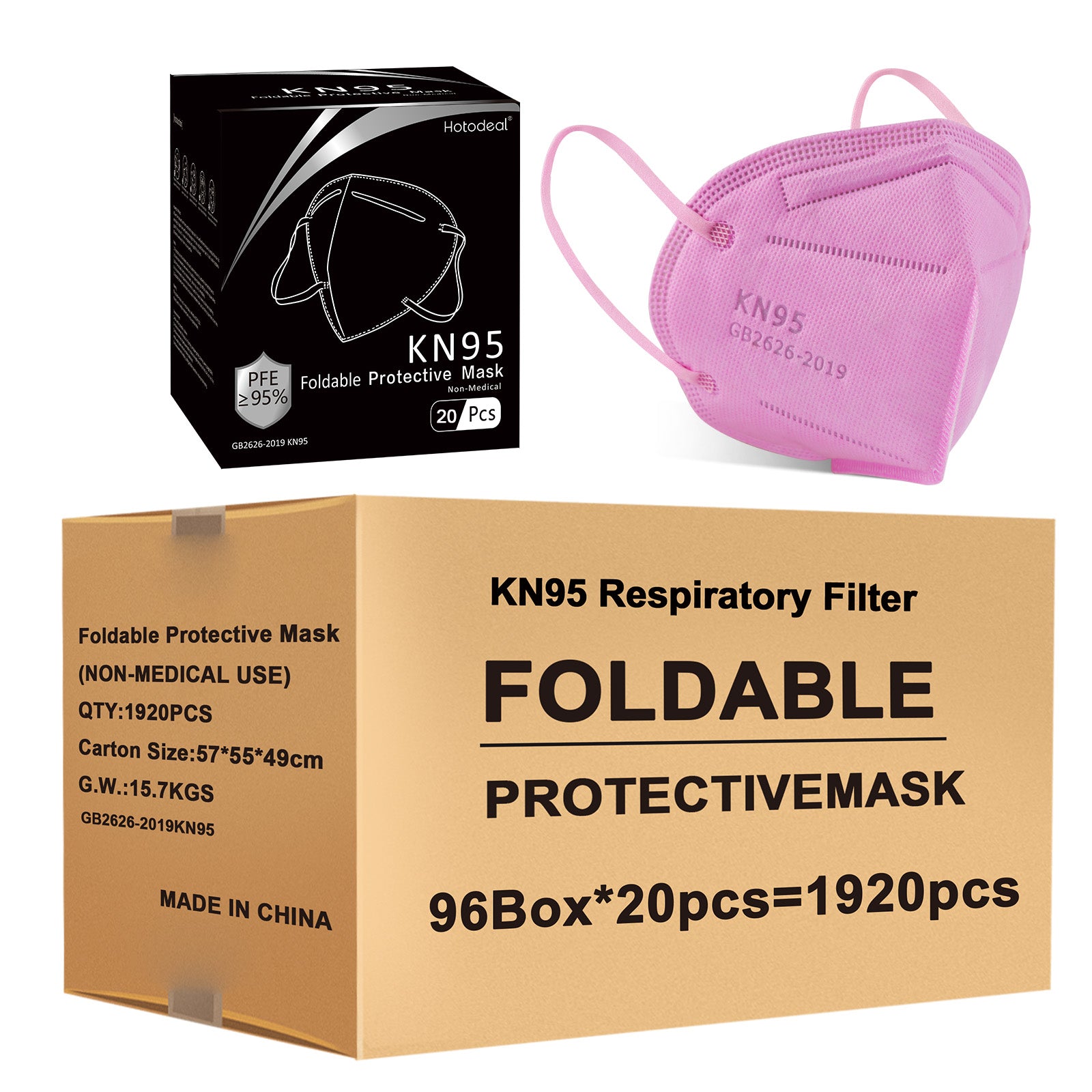 1920 PCS Hotodeal KN95 Face Mask,5 Layers Cup Dust Mask Against PM2.5 from Fire Smoke, Dust, for Men, Women, Essential Workers Pink (20pcs/box)