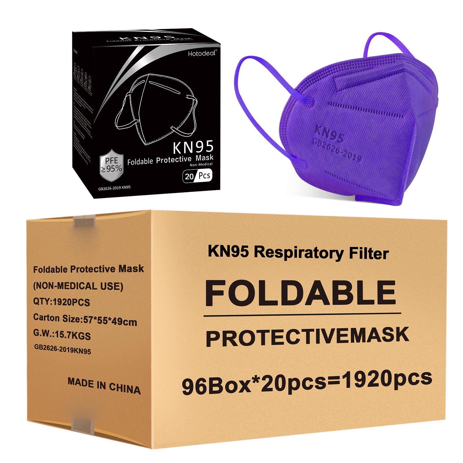 1920 pcs Hotodeal KN95 Face Mask,5 Layers Cup Dust Mask Against PM2.5 from Fire Smoke, Dust, for Men, Women, Essential Workers(Purple)(20pcs/box)