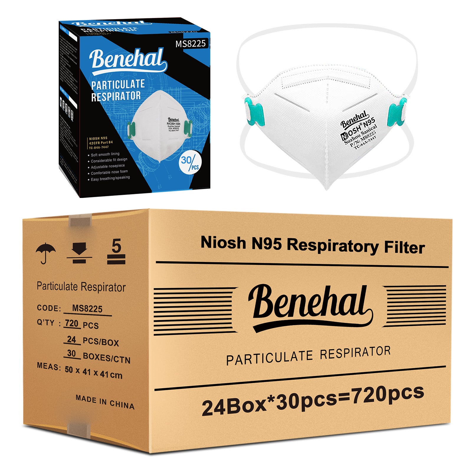 720 pcs N95 Face Masks, NIOSH Approved N95 Mask Particulate Respirators, Individually Wrapped, White（30pcs/box）