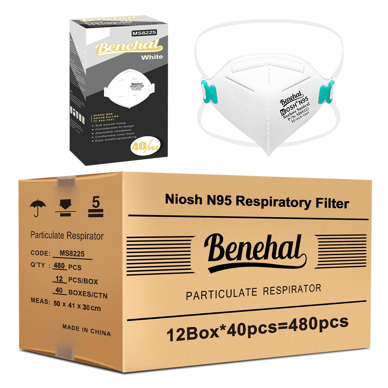 480 pcs N95 Face Masks, NIOSH Approved N95 Mask Particulate Respirators, Individually Wrapped,White(40pcs/box)