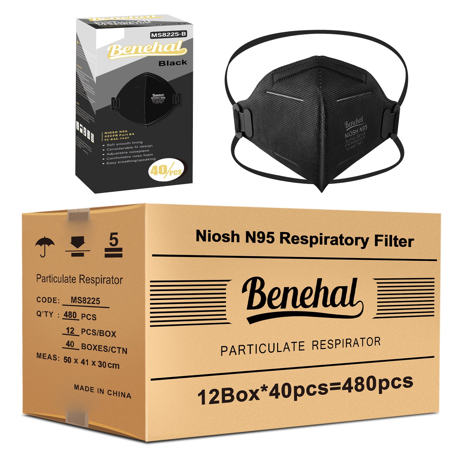 480 pcs N95 Face Masks, NIOSH Approved N95 Mask Particulate Respirators, Individually Wrapped,Black(40pcs/box)