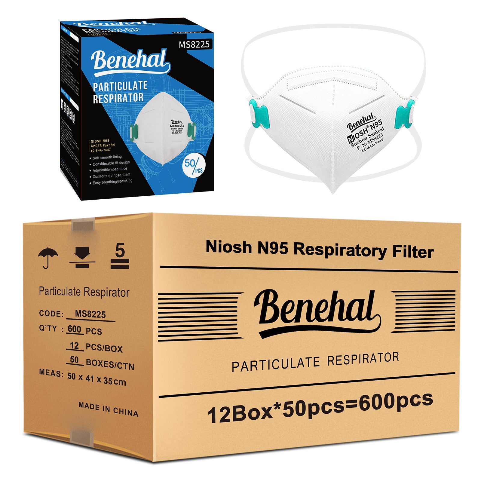 600 pcs N95 Face Masks, NIOSH Approved N95 Mask Particulate Respirators, Individually Wrapped, White(50pcs/box)