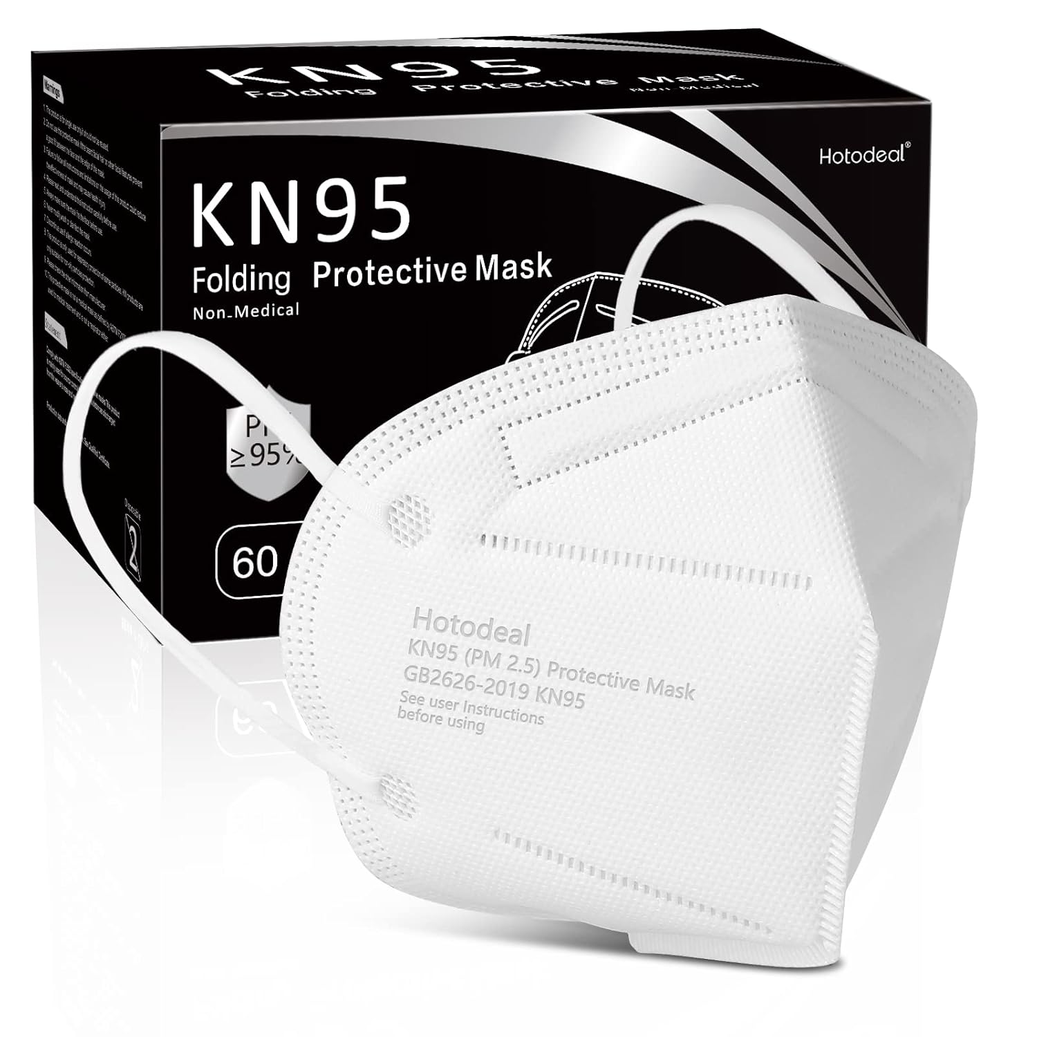 Hotodeal KN95 Face Mask 60 PCs, White/Black KN95 Mask, 5 Layers Cup Dust Mask, for Men, Women, Healthcare Worker, Essential Workers