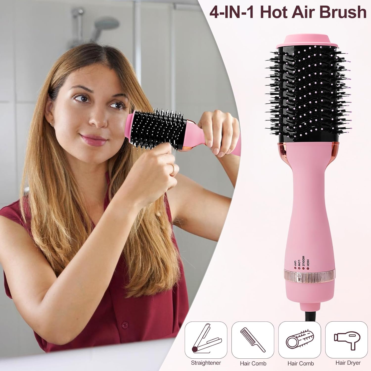 Hotodeal 4 in 1 Hair Dryer Brush Blow Dryer-Rubber Coated Handles Hot Tools Blow Dryer Brush for All Hair Types