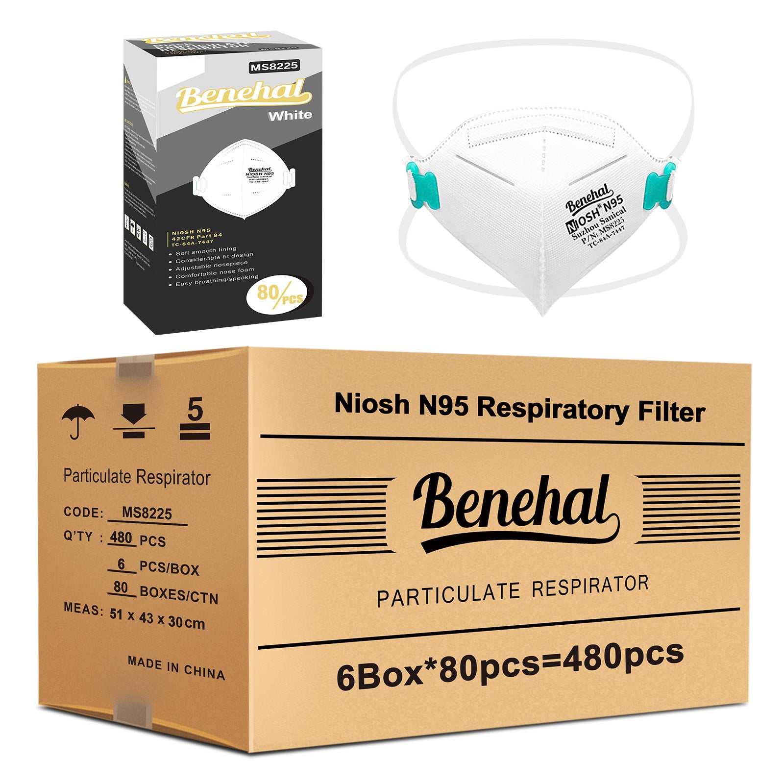 480 pcs N95 Face Masks, NIOSH Approved N95 Mask Particulate Respirators,Individually Wrapped,White(80pcs/box)