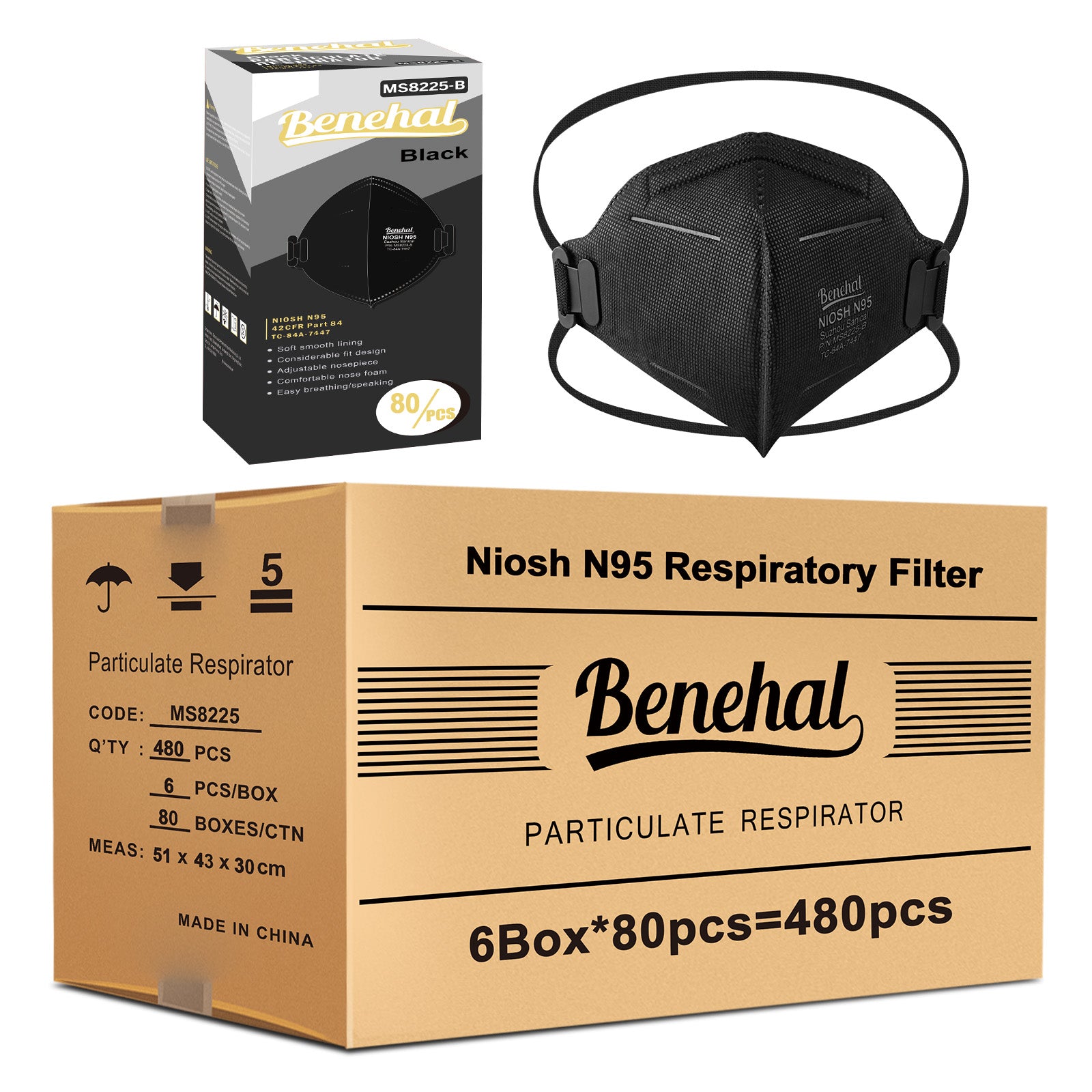 480 pcs N95 Face Masks, NIOSH Approved N95 Mask Particulate Respirators,Individually Wrapped,Black(80pcs/box)