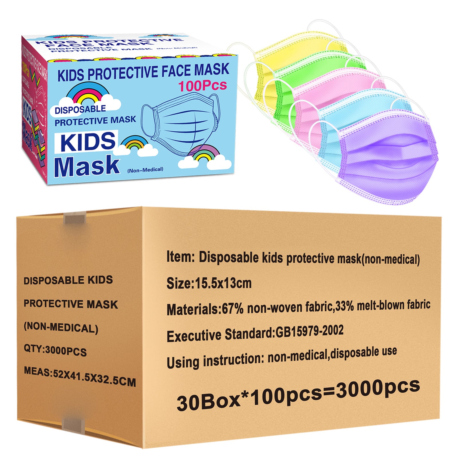 3000 Pcs Kids Disposable Face Masks,3 Ply Kids Masks Disposable Breathable Colorful Cute Face masks for Children, Girls & Boys（100pcs/box）