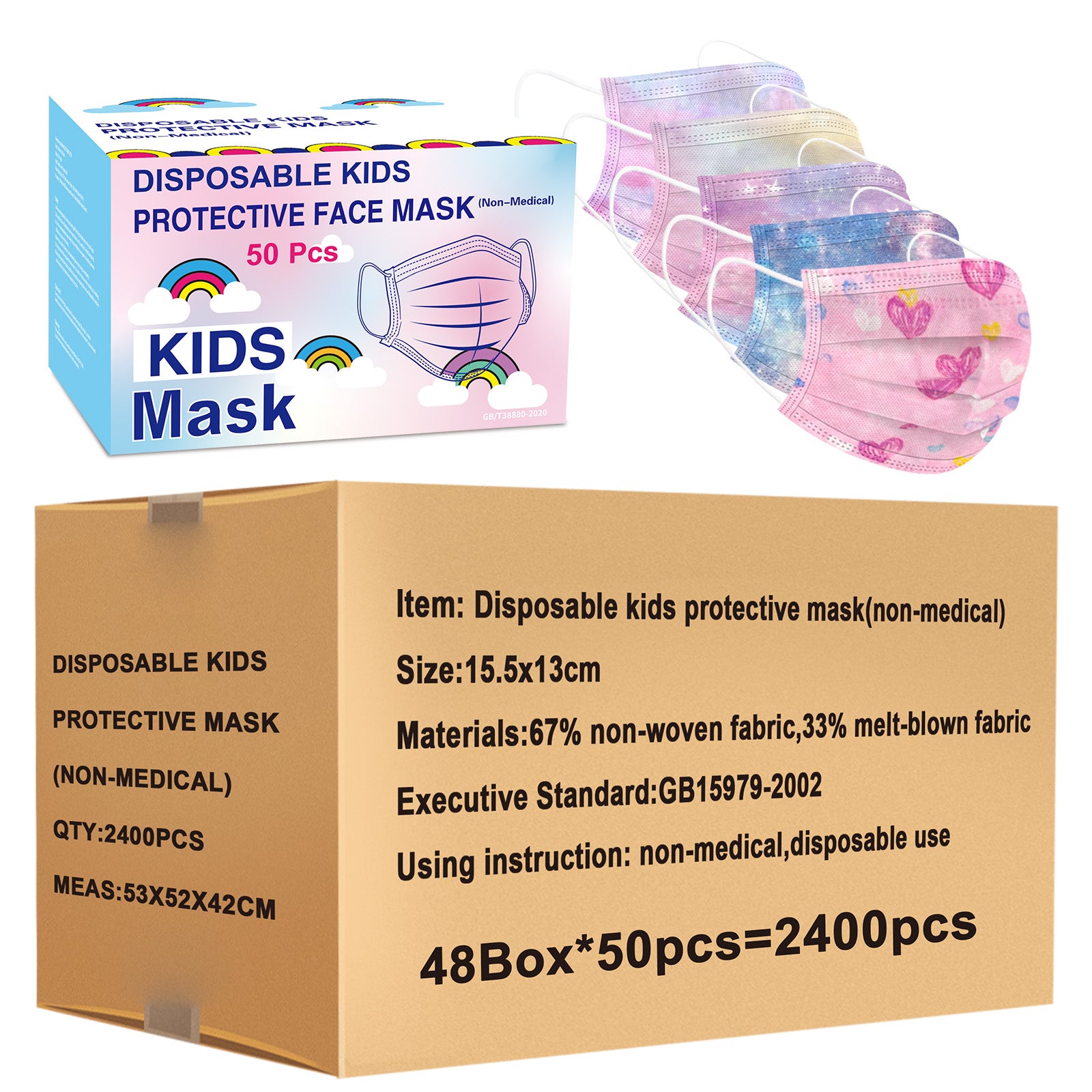 2400 Pcs Kids Disposable Face Masks,3 Ply Kids Masks Disposable Breathable Colorful Cute Face Masks for Children, Girls & Boys(50pcs/box)